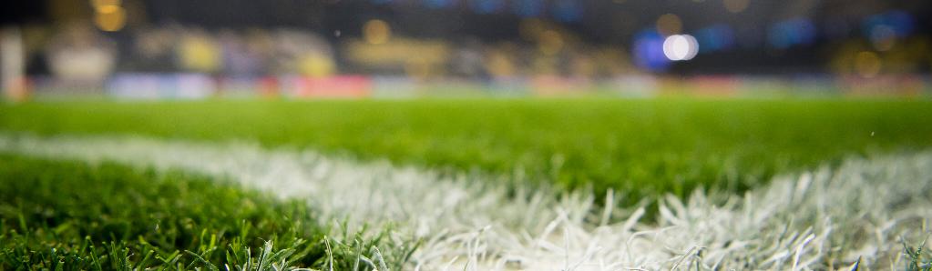 Es ist die Rasenfläche eines Fußballstadions zu sehen. Der Hintergrund verschwimmt.