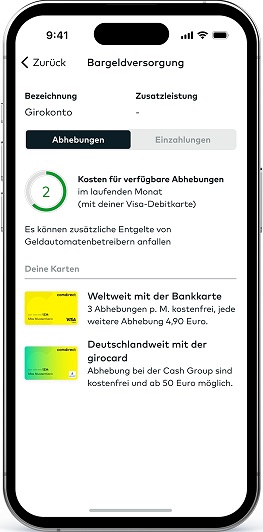 Die Abbildung eines Smartphones zeigt die Bargeldversorgung in der comdirect Young App.