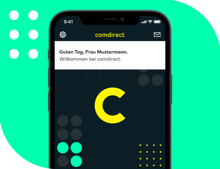 Es ist ein Handyscreen mit der Startseite der comdirect App zu sehen. Mit der Eröffnung eines comdirect Depots kann auch per App getraded werden.