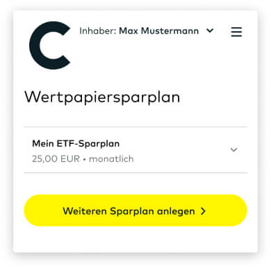 Ein Ausschnitt der Website zeigt die Wertpapiersparplan-Startseite, auf der ein Sparplan mit dem Namen ‘Mein ETF-Sparplan’ zu sehen ist, der monatlich mit 25 Euro bespart wird.