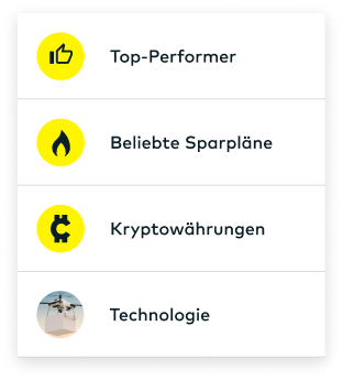 Die Menüpunkte 'Top-Performer', 'Beliebte Sparpläne', 'Kryptowährungen' und 'Technologie' werden angezeigt.