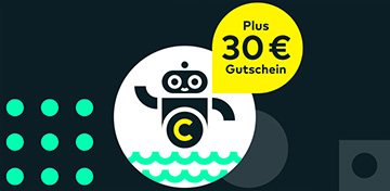 Ein stilisierter Roboter winkt fröhlich. Sein Bauch besteht aus einem Kreis mit einem 'c' wie comdirect. Neben ihm steht der Störer "Plus 30 € Gutschein".