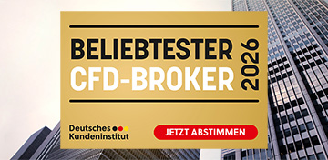 Das Deutsche Kreditinstitut ruft zur Abstimmung für den beliebtesten CFD-Broker 2026 auf. Im Hintergrund sieht man Banken-Hochhäuser.
