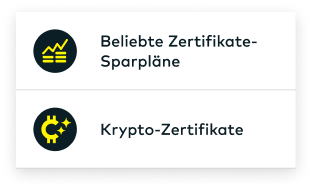 Die Men&uuml;punkte 'Beliebte Zertifikate-Sparpl&auml;ne' und 'Krypto-W&auml;hrungen' werden angezeigt.