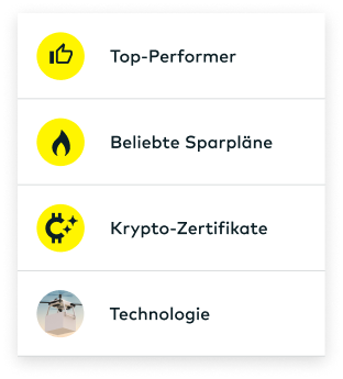 Men&uuml;punkte: Top-Performer, Beliebte Sparpl&auml;ne, Kryptow&auml;hrungen und Technologie