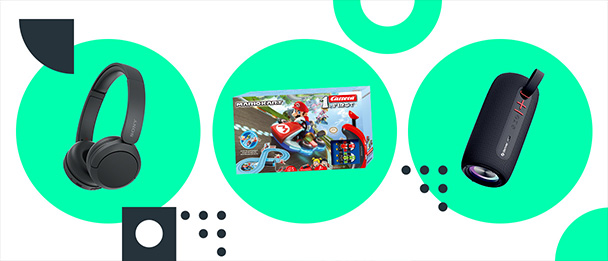 Abbildungen des SONY Bluetooth-Kopfhörers, des CARRERA Mario Kart Rennbahn-Sets und des DENVER Bluetooth-Lautsprechers