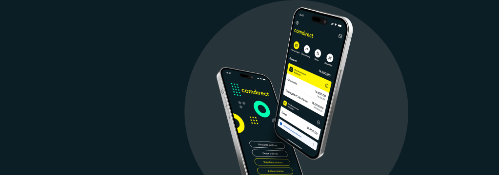 Auf einem Smartphone ist die Startseite der comdirect App zu sehen. Auf einem zweiten Smartphone wird der Kursverlauf der Commerzbank-Aktie angezeigt.