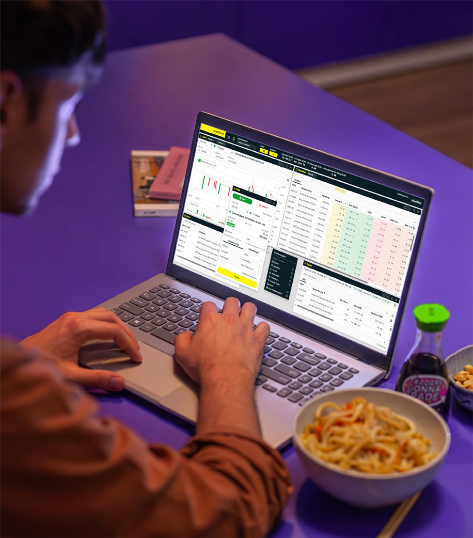 Auf einem Handy und rechts daneben auf einem Laptop sind verschiedene Börsencharts des Protraders dargestellt.