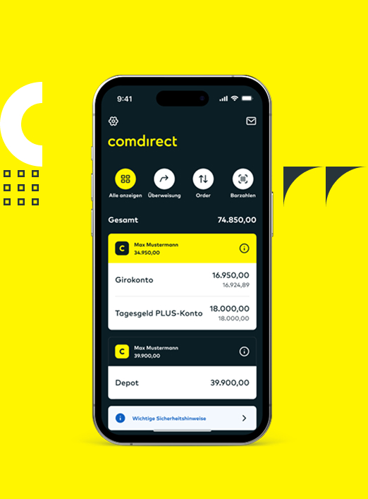 comdirect App: Auf einem Smartphone wird der Willkommens-Screen angezeigt.