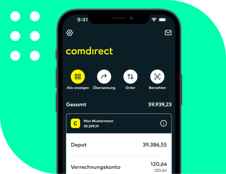 Es ist ein Handyscreen mit der Startseite der comdirect App zu sehen. Mit der Eröffnung eines comdirect Depots kann auch per App getraded werden.