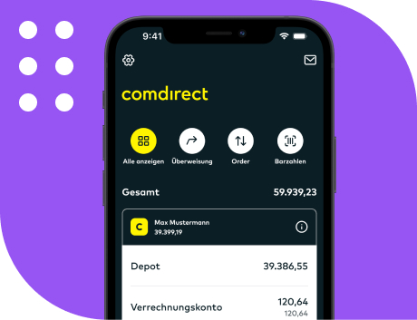 Es ist ein Handyscreen mit der Startseite der comdirect App zu sehen. Mit der Eröffnung eines comdirect Depots kann auch per App getraded werden.