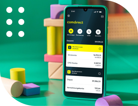 Es ist ein Handyscreen mit der Startseite der comdirect App zu sehen.