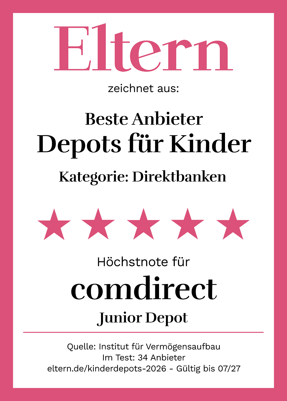 comdirect erh&auml;lt von der Zeitschrift Eltern 5 Sterne f&uuml;r das comdirect Junior Depot