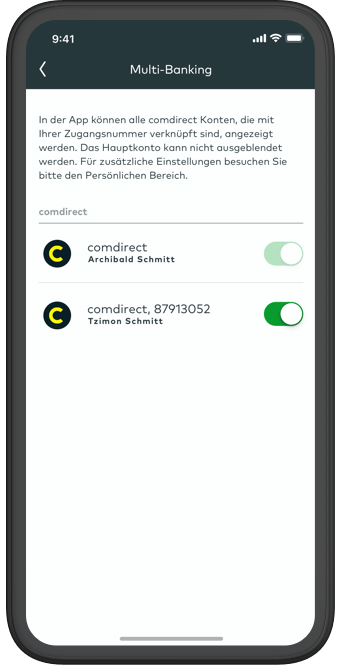 Smartphone Bildschirm zeigt die Verknüpfung mit dem cominvest-Konto.