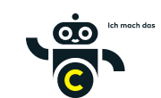 Ein stilisierter Roboter winkt fröhlich. Sein Bauch besteht aus einem Kreis mit einem 'c' wie comdirect.