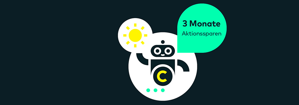 Illustration eines freundlichen Roboters mit Sonne und dem Hinweis „3 Monate Aktionssparen“.