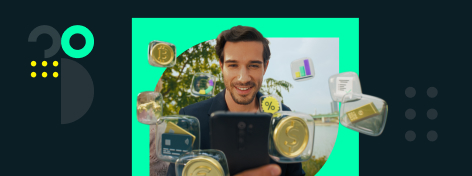 Ein junger Mann schaut auf sein Handy. In Luftblasen um ihn herum schweben Finanzprodukte wie beispielsweise Goldbarren oder Bitcoins.