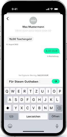 Die Abbildung eines Smartphones zeigt den &Uuml;berweisungsflow in der comdirect Young App.