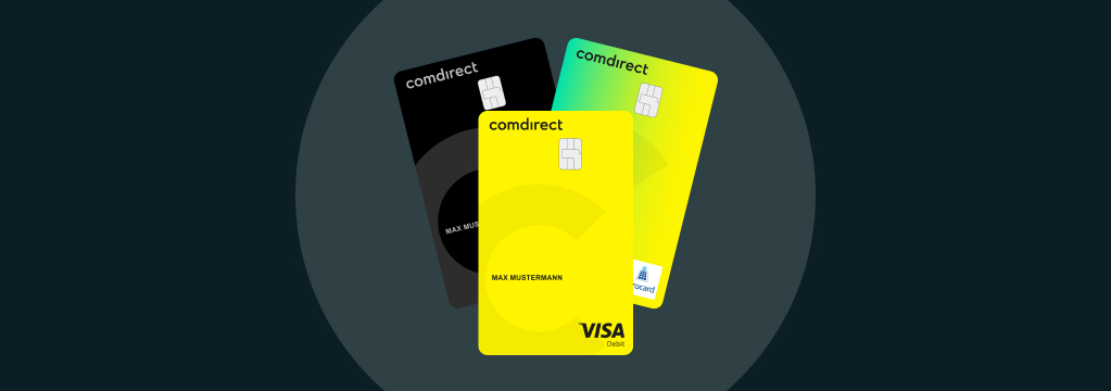 Visa-Debitkarte, Visa-Kreditkarte und girocard auf dunklem Hintergrund