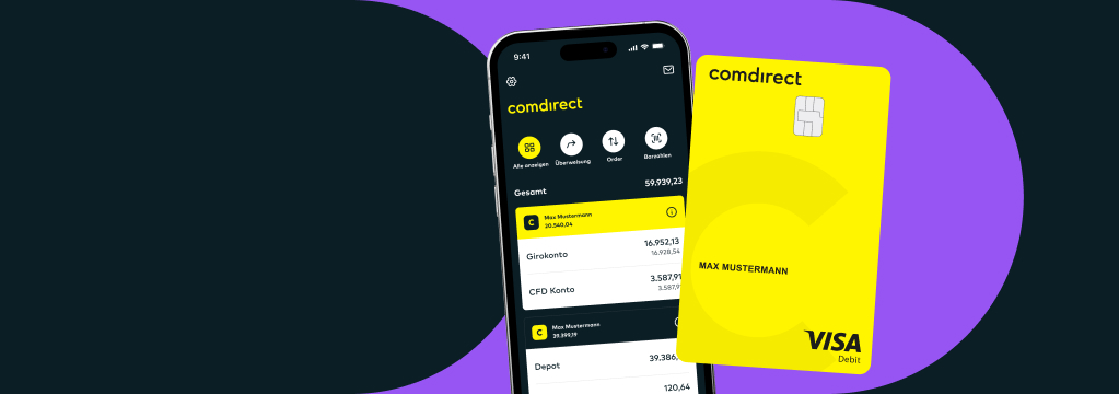 Ein Handyscreen der Startseite der comdirect App und rechts daneben die gelbe Visa-Debitkarte auf dunklem Hintergrund.