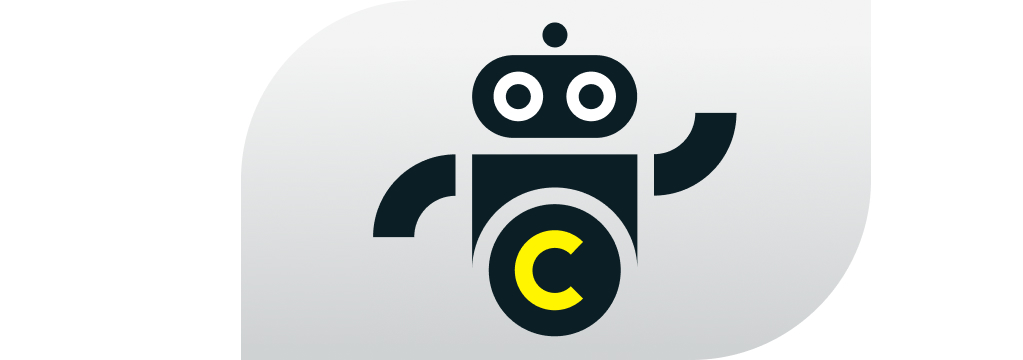 Ein grafisch-stilistischer Roboter blickt den Betrachter an.