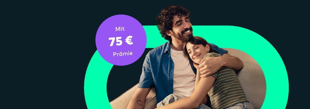Ein Mann legt liebevoll den Arm um seine Partnerin. In einem Kreis steht Mit 75 Euro Prämie.