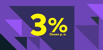 Das Bild zeigt 3 % Zinsen p. a. mit einem St&ouml;rer „Mit 100 Euro Pr&auml;mie“