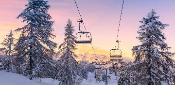Zwei Skilift-Gondeln gleiten an schneebedeckten B&auml;umen vorbei.