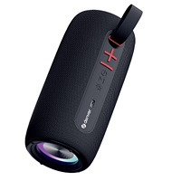 Schwarzer Bluetooth-Lautsprecher mit DENVER-Logo, strukturierter Oberfläche, großen roten Lautstärketasten und einer Trageschlaufe