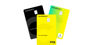 Die comdirect Visa-Debitkarte, Visa-Kreditkarte und girocard sind abgebildet.