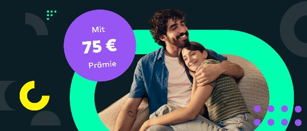 Ein Mann legt liebevoll den Arm um seine Partnerin. In einem Kreis steht Mit 75 Euro Prämie.