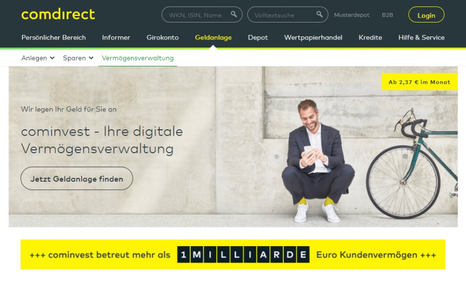 Es ist ein Screenshot der cominvest-Produktseite zu sehen, auf der eine Banderole mit dem Text 'cominvest betreut mehr als 1 Milliarde Euro Kundenvermögen' abgebildet ist